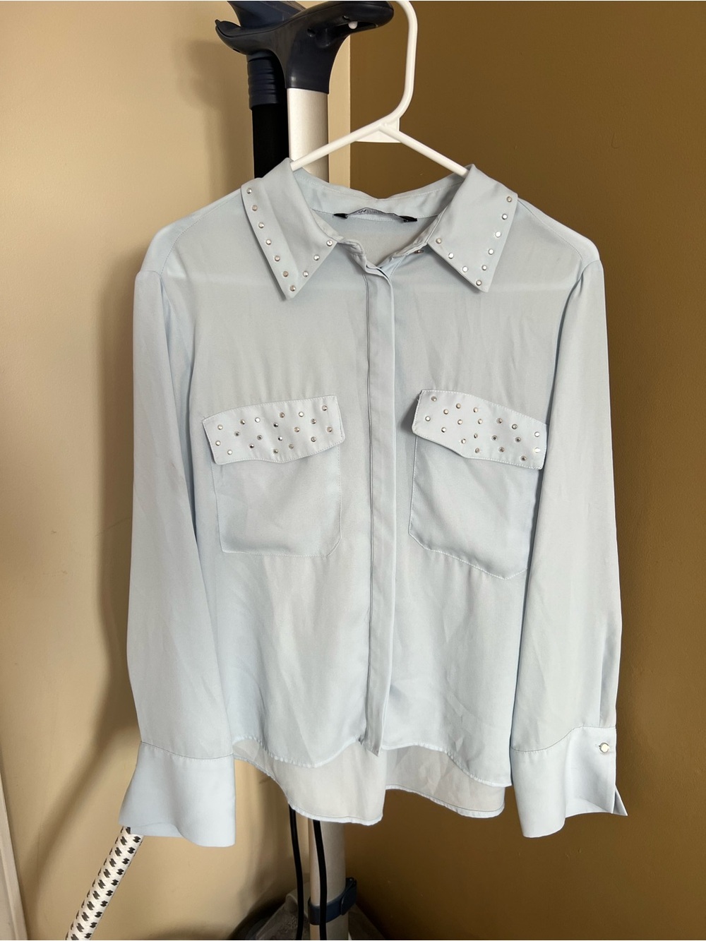Zara Pale Blue Button-Up Blouse with Subtle Stud Trim